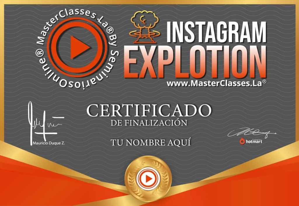 Certificado de participación del Curso Instagram Explotion obtenido al finalizar la formación online.