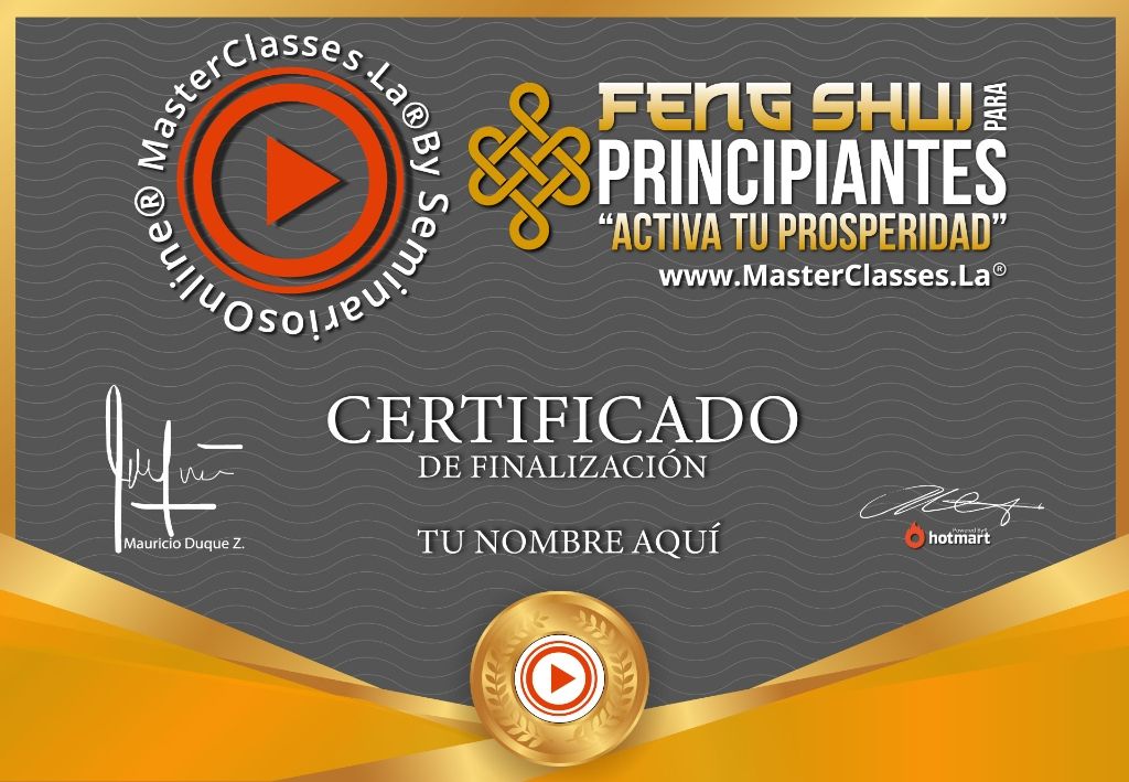 Certificado de finalización del Curso Feng Shui para Principiantes.