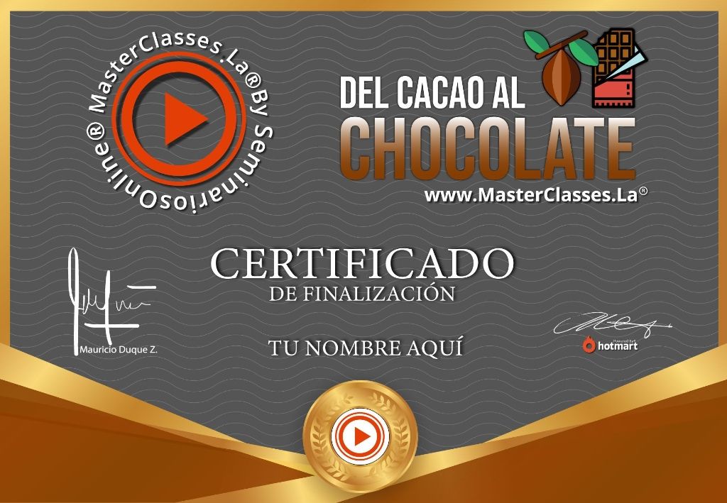 Certificado de participación del Curso Del Cacao al Chocolate obtenido al finalizar la formación online.