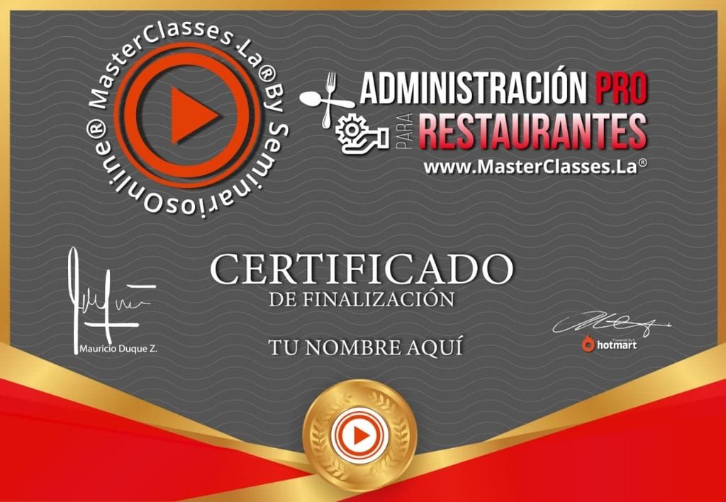 Certificado de participación del Curso Administración PRO para Restaurantes obtenido al finalizar la formación online.