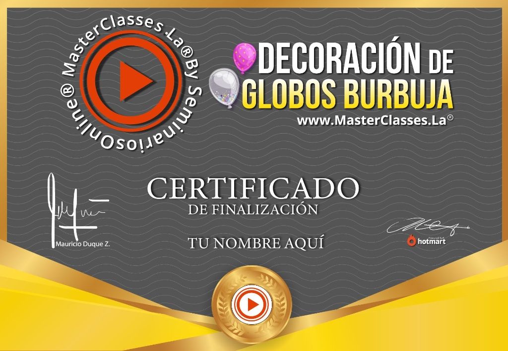 Certificado de participación del Curso de Decoración de Globos Burbuja obtenido al finalizar la formación online.