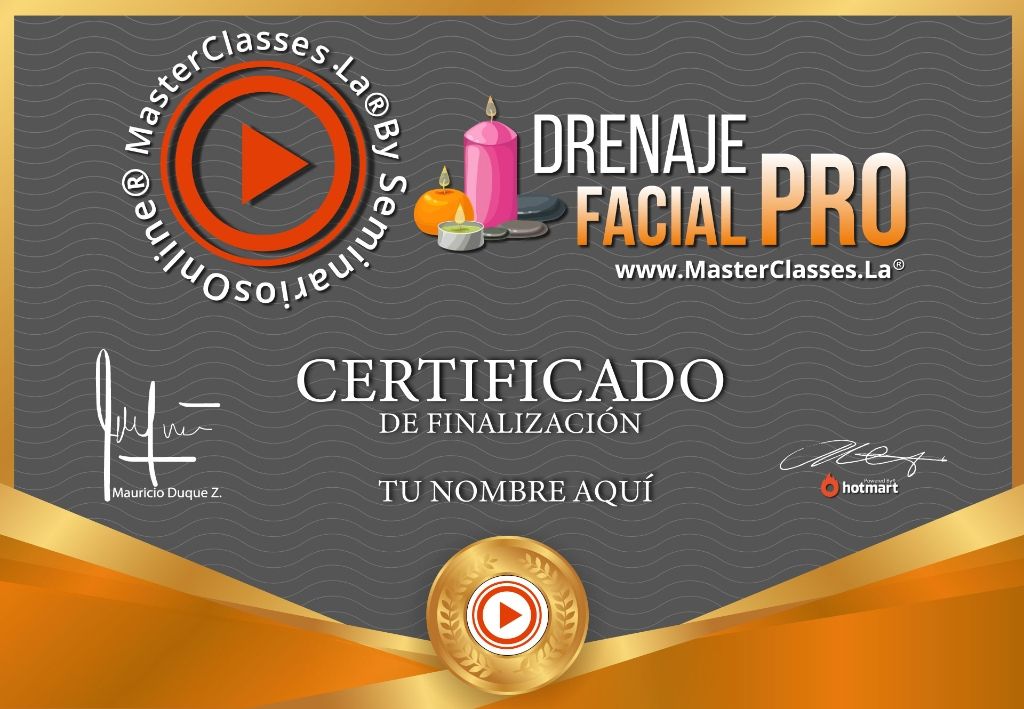 Certificado de participación del Curso de Drenaje Facial PRO otorgado al finalizar la formación online.