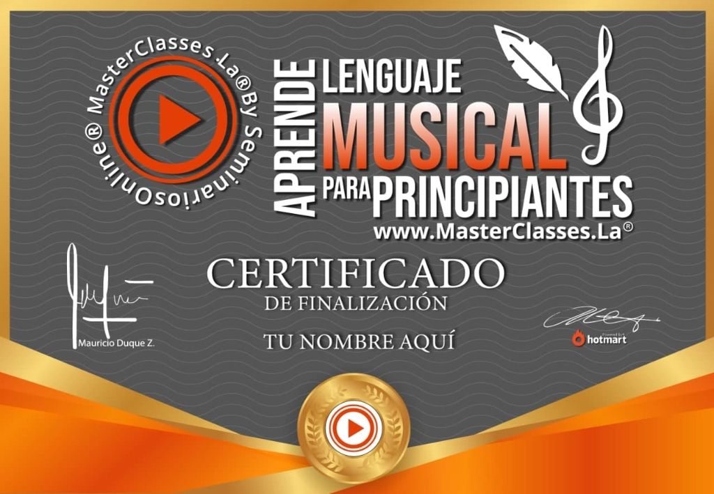 Certificado de participación del Curso Lenguaje Musical para Principiantes obtenido al finalizar la formación online.