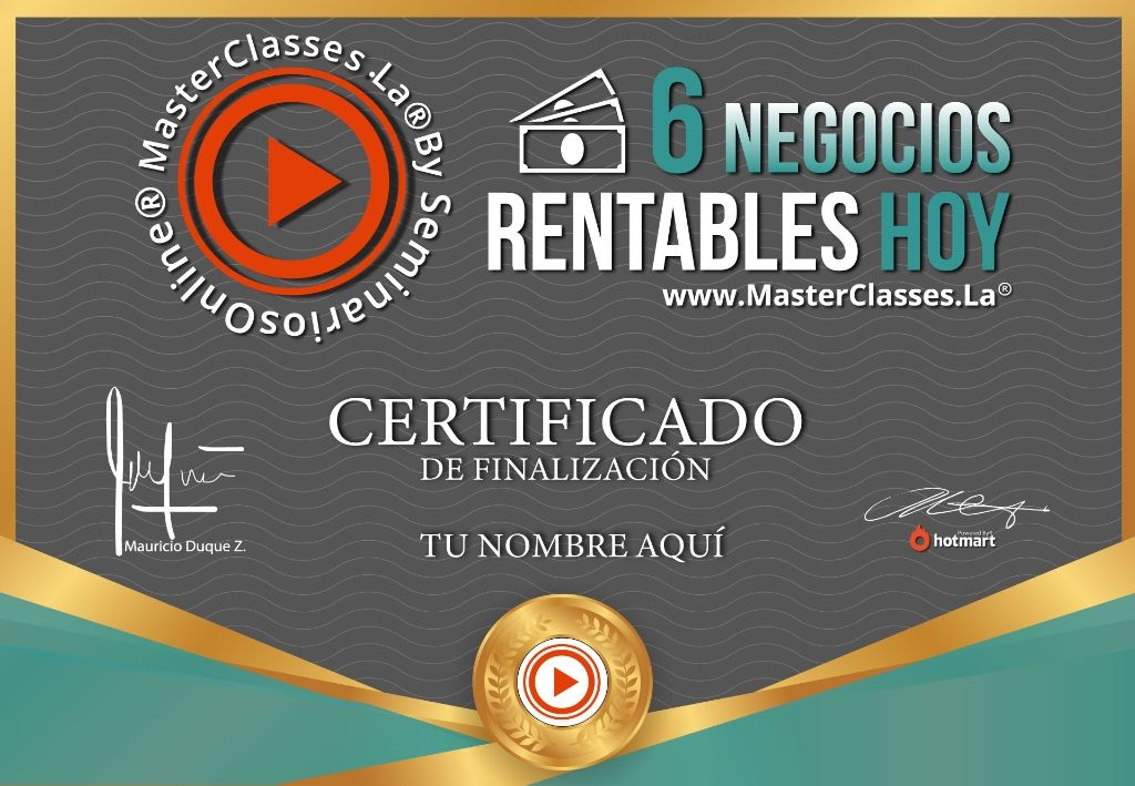 Certificado de finalización del curso online 6 Negocios Rentables Hoy.