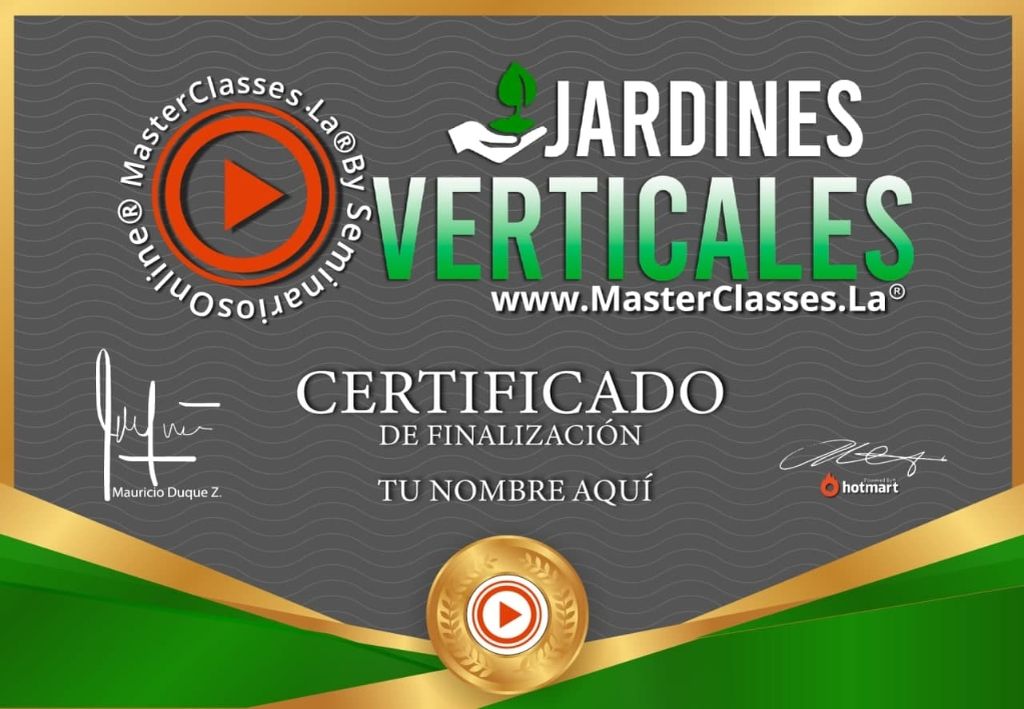 Certificado de participación del Curso Jardines Verticales obtenido al finalizar la formación online.