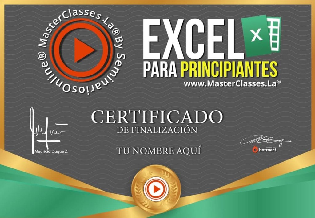 Certificado de participación del Curso Excel para Principiantes obtenido al finalizar la formación online.