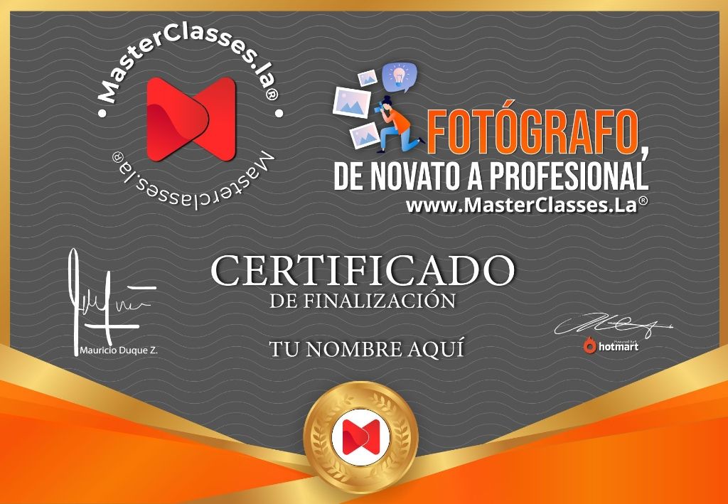Certificado de finalización del Curso Fotógrafo: De Novato a Profesional.