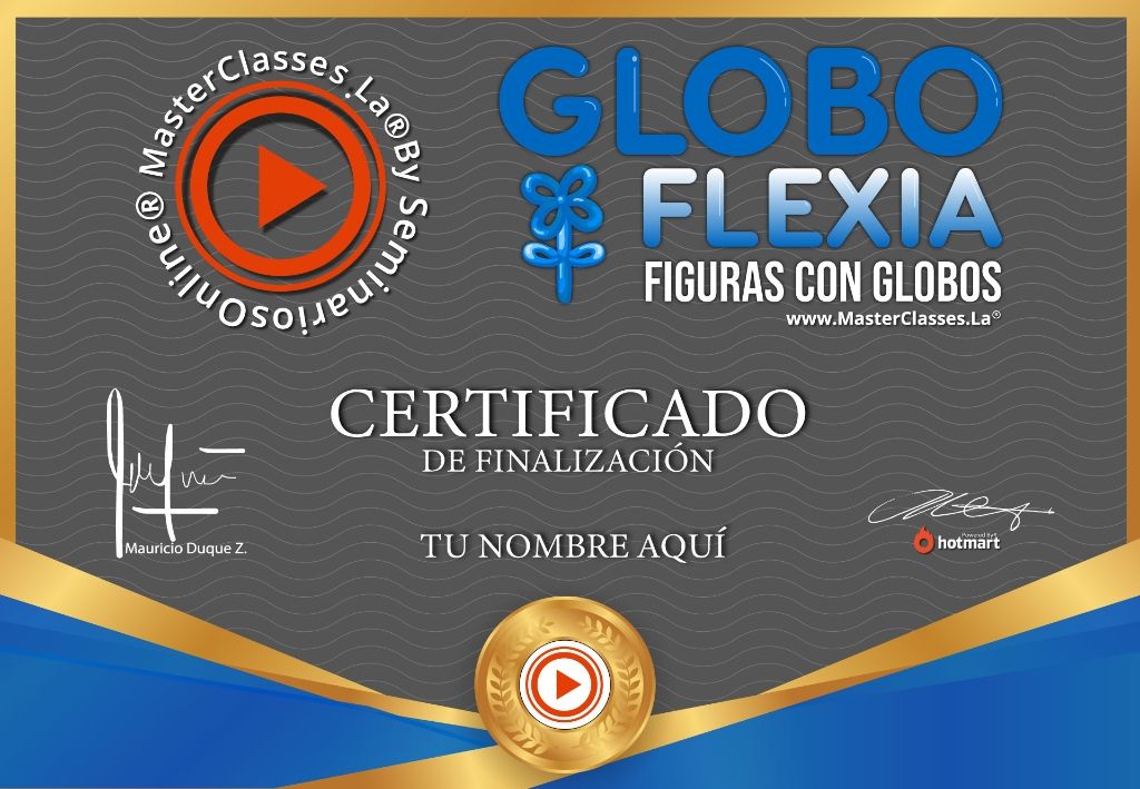 Certificado de finalización del Curso Globo Flexia para aprender a crear figuras decorativas con globos.