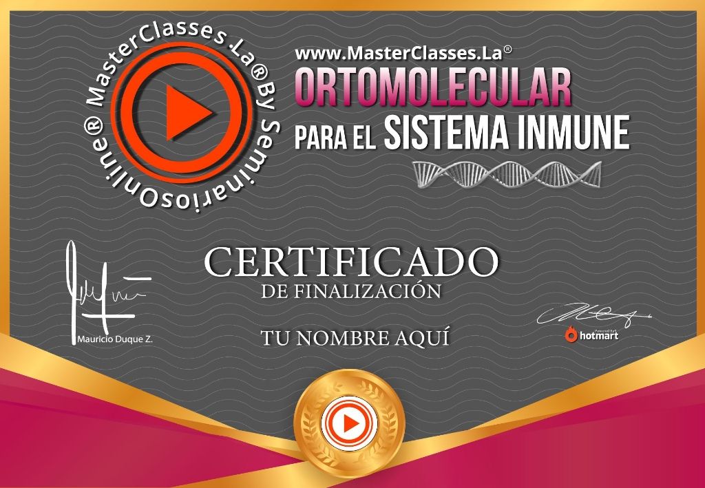 Certificado de participación del Curso Ortomolecular para el Sistema Inmune obtenido al finalizar la formación online.