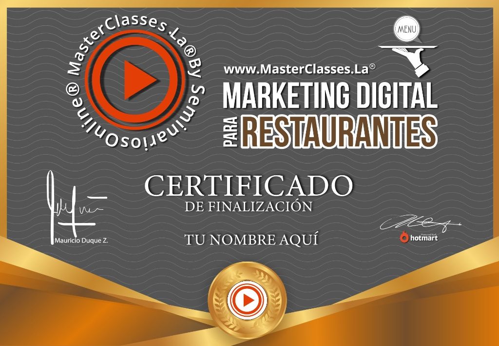Certificado del curso Marketing Digital para Restaurantes.