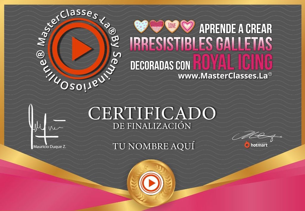 Certificado de participación del Curso de Galletas Decoradas con Royal Icing obtenido al finalizar la formación online.