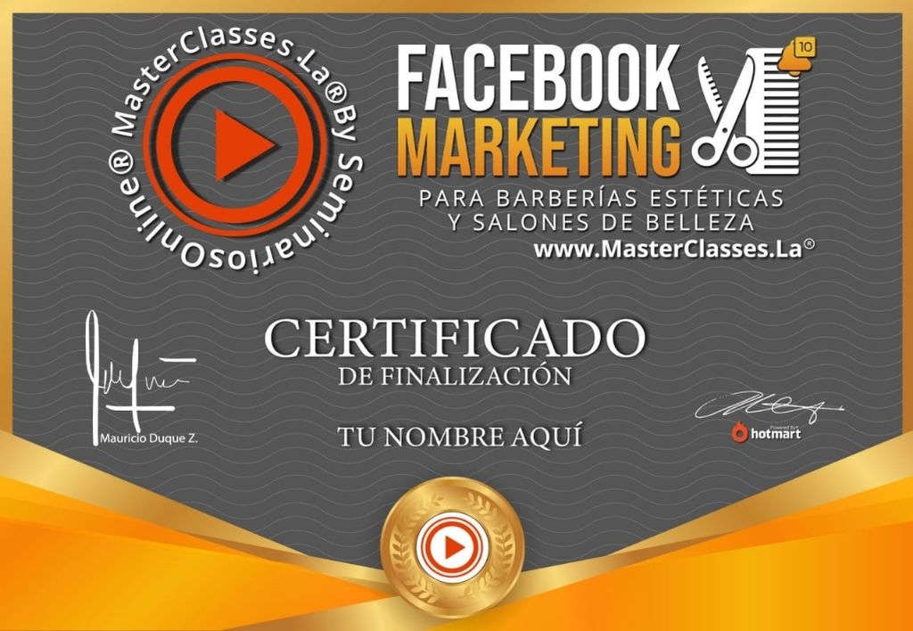 Certificado de participación del Curso Facebook Marketing para Barberías, Estéticas y Salones de Belleza obtenido al finalizar la formación online.
