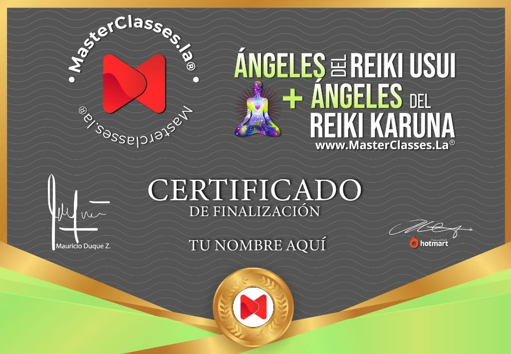 Certificado de finalización del Curso Ángeles del Reiki Usui y Ángeles del Reiki Karuna.