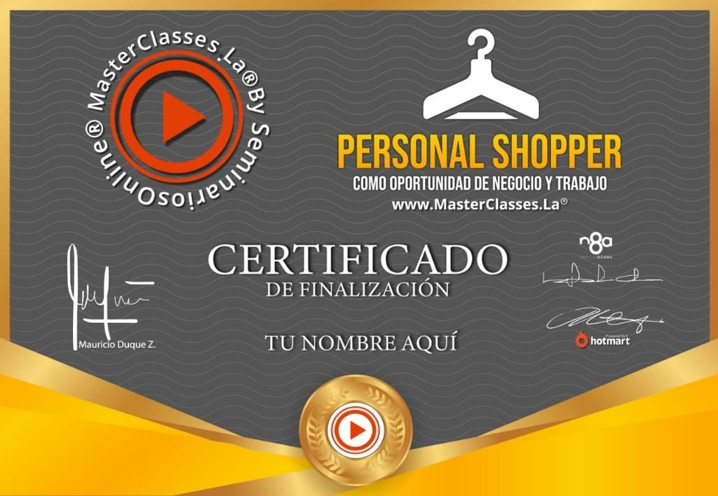 Certificado de participación del Curso Personal Shopper como Oportunidad de Negocio y Trabajo obtenido al finalizar la formación online.